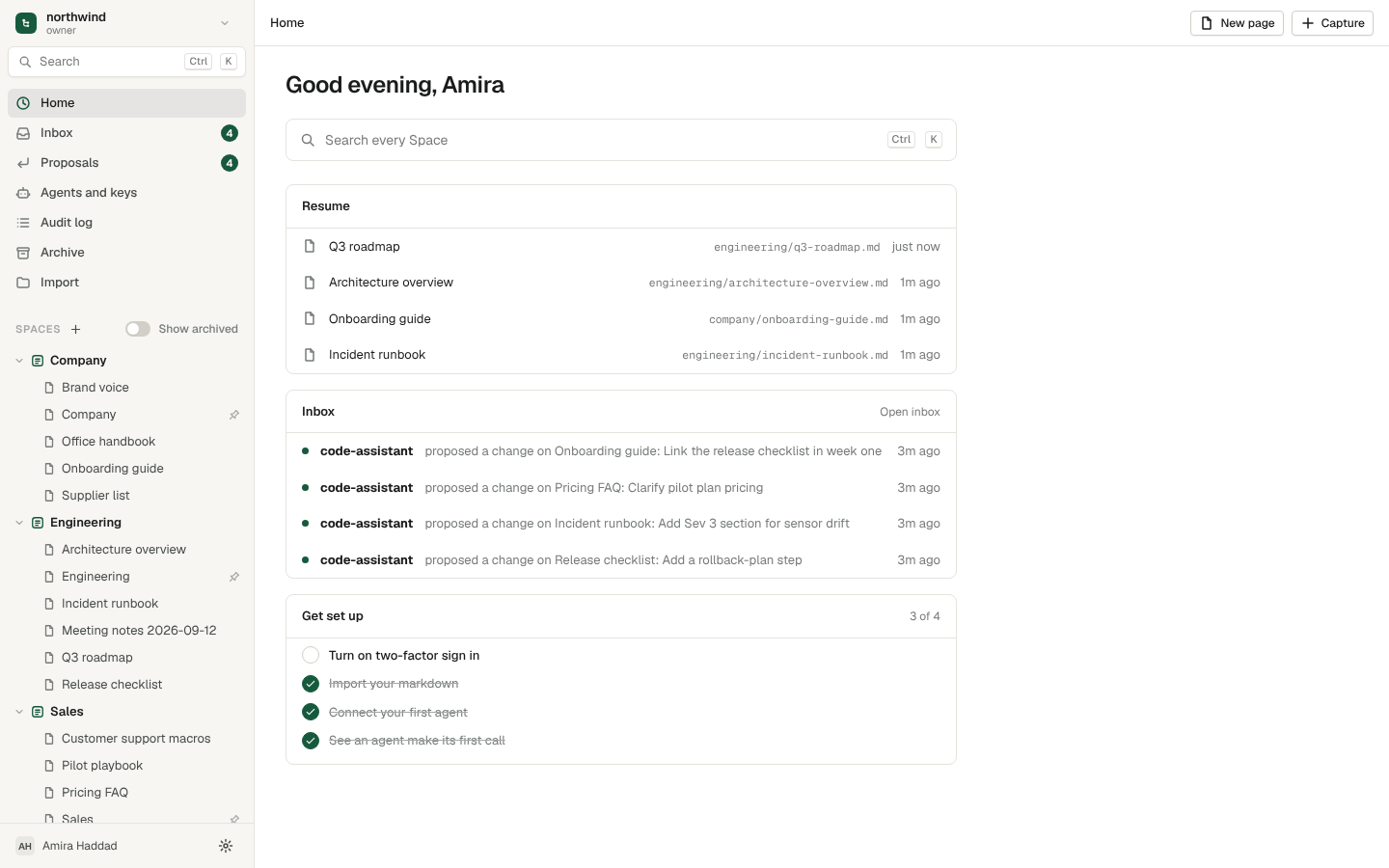 The Nexara Connect home screen, showing Spaces, recent pages and pending proposals